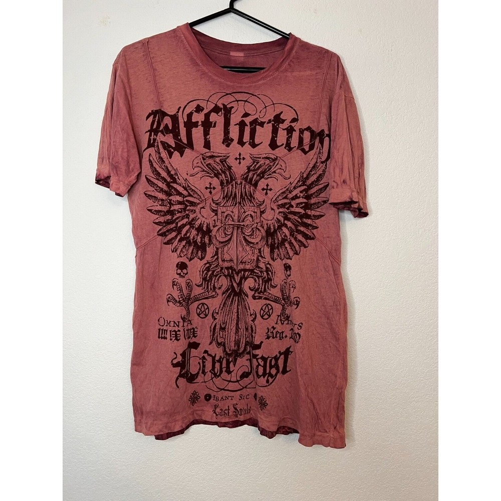 Affliction Shirt Mens Medium Red Live Fast Spell Out Distressed Cotton